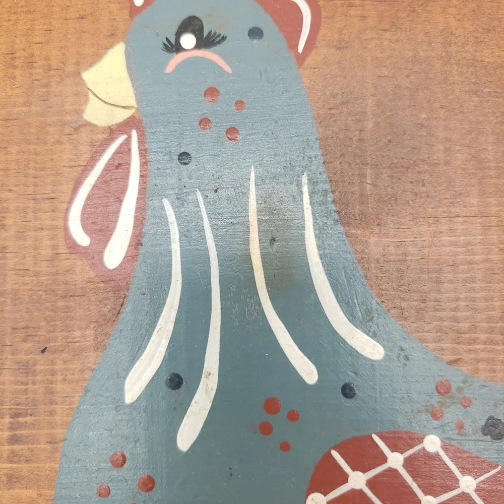 Vtg Rooster Farmhouse Wooden Serving Tray Folk Art Hen Hand Painted Rustic Decor